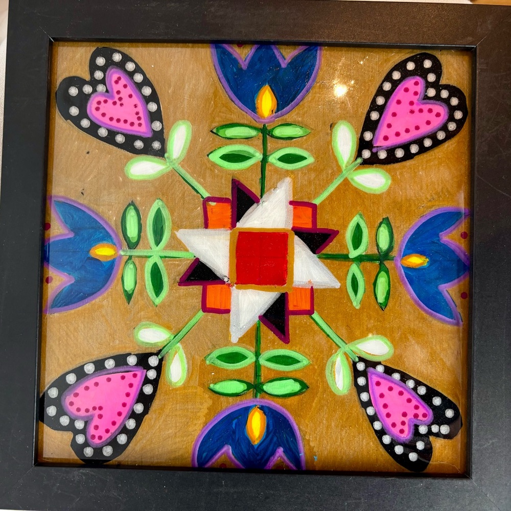 Hand Painted, Resined, and Framed 9.25" x‎ 9.25" Decorative Design Painting